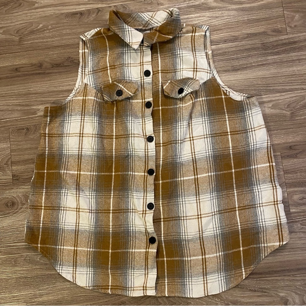 Mocha Brown Cream Plaid Print Sleeveless Vest/Coat/Jacket Size XL